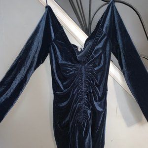 FN Off Shoulder Ruched Velvet Dress - Blue